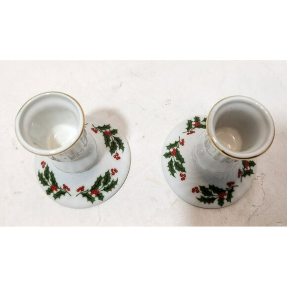 Pair Of Kashima Fine Porcelain "Christmas Holly" Candle Stick Holders Japan - Picture 3 of 10